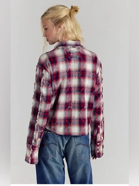 NWT-Free People Red Plaid Ruffle-Trim Button Down Shirt - Picture 2 of 5